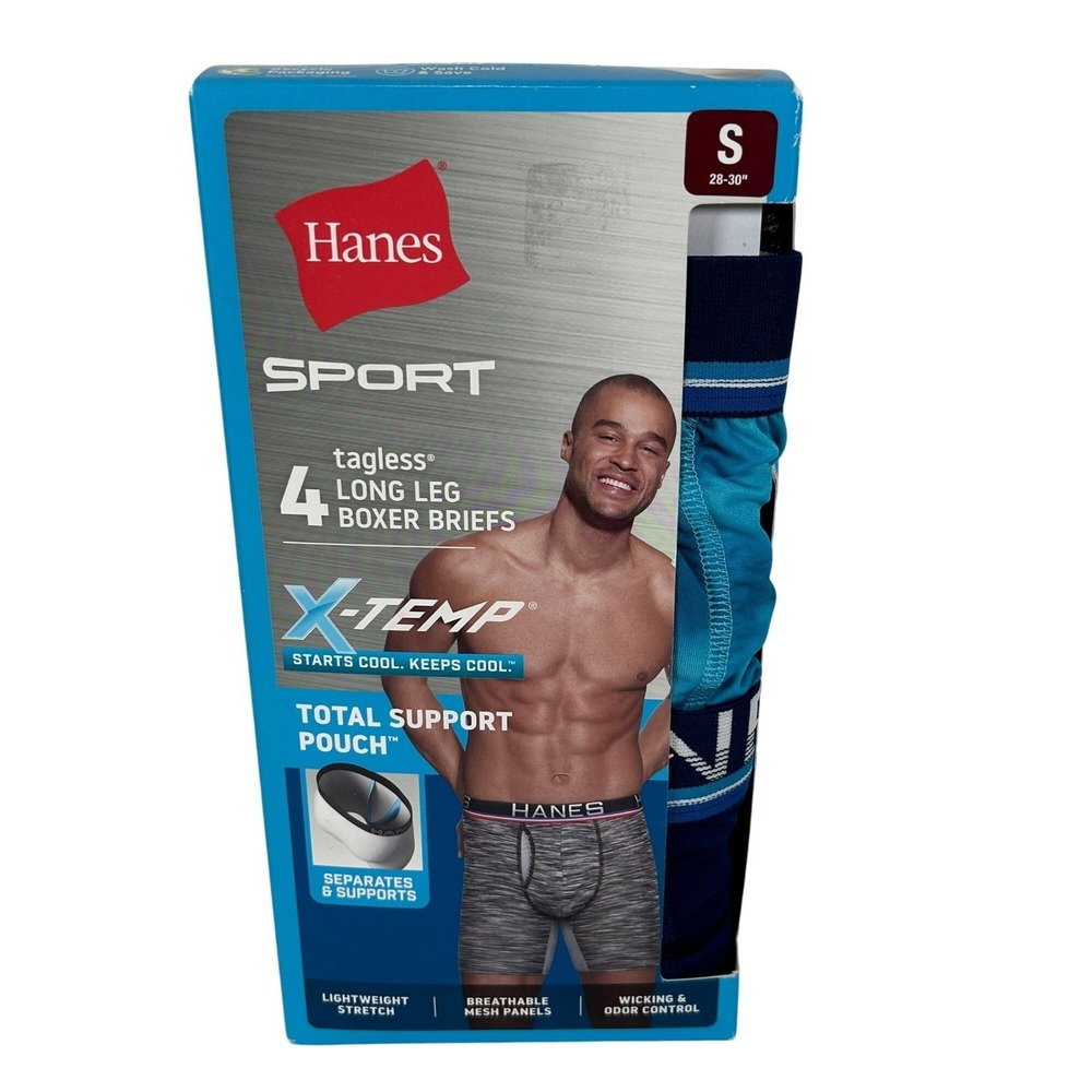Hanes Sport X Temp Boxer Briefs Mens Size S 4 Pack Blue Gray Total Support Pouch